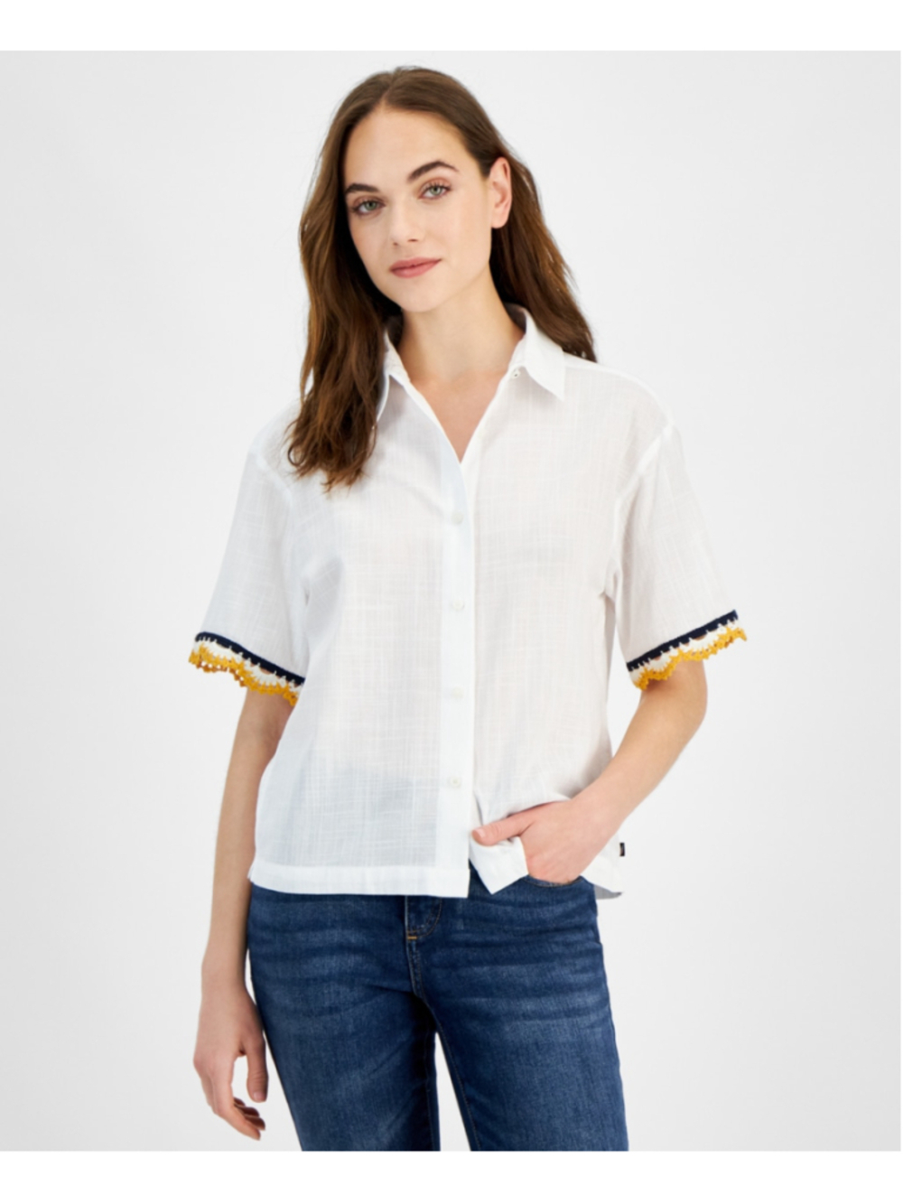Nautica Size Extra Small White Short-Sleeve Crochet-Trim 100% Cotton Shirt NWT